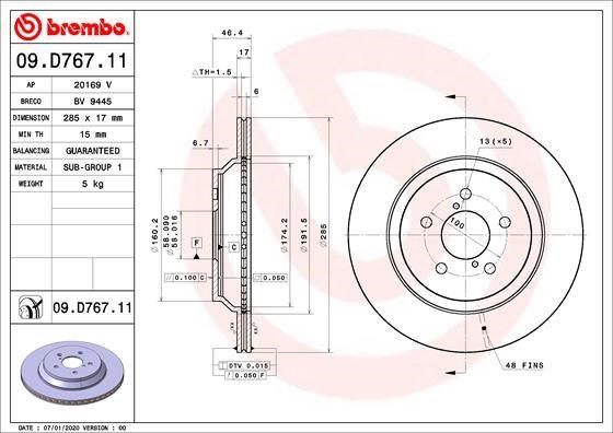 Brembo 09.D767.11 Rear ventilated brake disc 09D76711: Buy near me in Poland at 2407.PL - Good price!