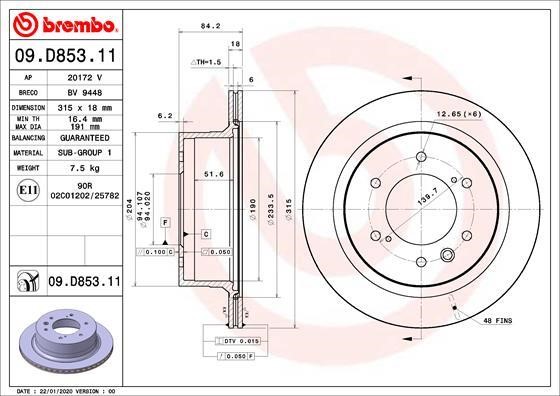 Brembo 09.D853.11 Тормозной диск задний вентилируемый 09D85311: Отличная цена - Купить в Польше на 2407.PL!
