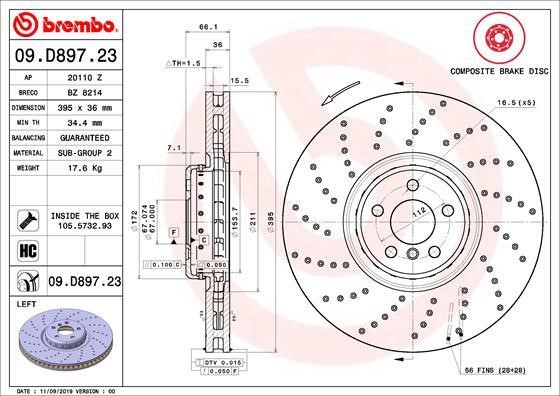 Brembo 09.D897.23 Ventilated brake disc with perforation 09D89723: Buy near me in Poland at 2407.PL - Good price!