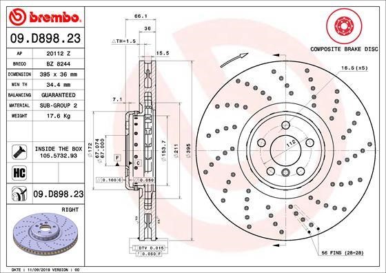 Brembo 09.D898.23 Ventilated brake disc with perforation 09D89823: Buy near me in Poland at 2407.PL - Good price!