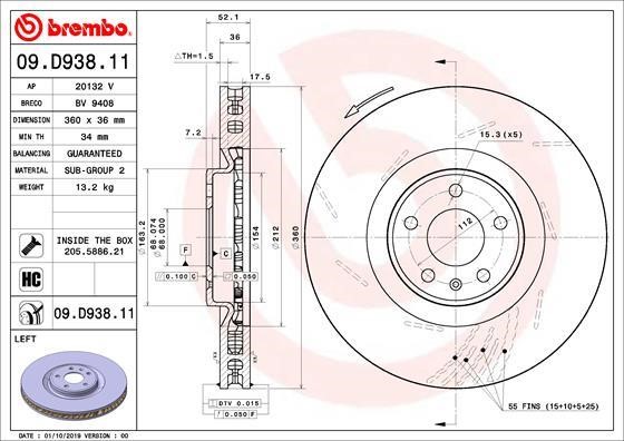 Brembo 09.D938.11 Ventilated front left brake disc 09D93811: Buy near me in Poland at 2407.PL - Good price!