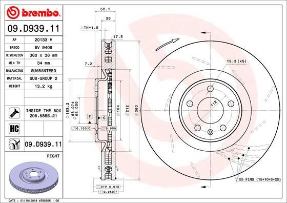 Brembo 09.D939.11 Тормозной диск вентилируемый, 1 шт. 09D93911: Отличная цена - Купить в Польше на 2407.PL!