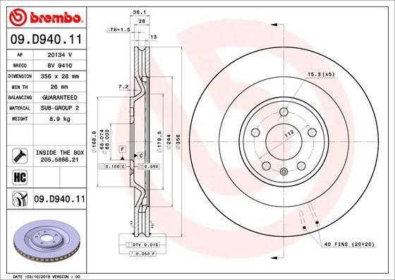 Brembo 09.D940.11 Rear ventilated brake disc 09D94011: Buy near me in Poland at 2407.PL - Good price!