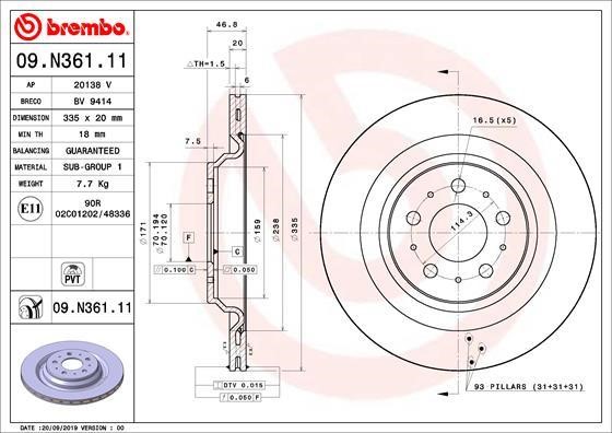 Brembo 09.N361.11 Rear ventilated brake disc 09N36111: Buy near me in Poland at 2407.PL - Good price!