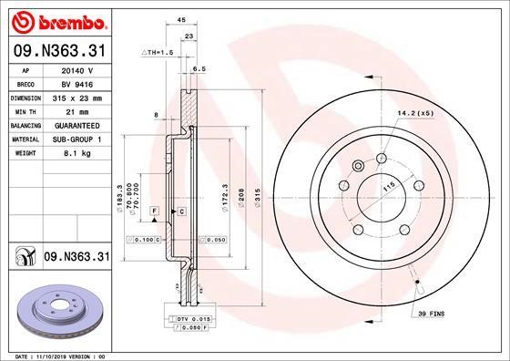 Brembo 09.N363.31 Rear ventilated brake disc 09N36331: Buy near me in Poland at 2407.PL - Good price!