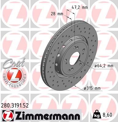Otto Zimmermann 280.3191.52 Тормозной диск передний вентилируемый 280319152: Отличная цена - Купить в Польше на 2407.PL!