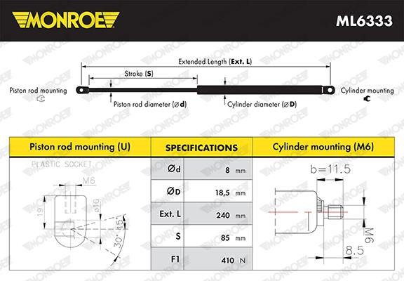 Monroe ML6333 Пружина газовая капота ML6333: Отличная цена - Купить в Польше на 2407.PL!