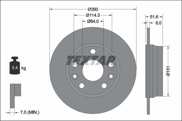 Textar 92337703 Rear brake disc, non-ventilated 92337703: Buy near me in Poland at 2407.PL - Good price!