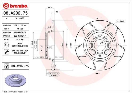 Brembo 08.A202.75 Rear brake disc, non-ventilated 08A20275: Buy near me in Poland at 2407.PL - Good price!