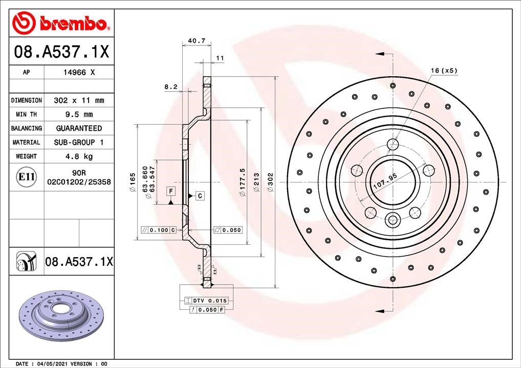 Brembo 08.A537.1X Rear brake disc, non-ventilated 08A5371X: Buy near me in Poland at 2407.PL - Good price!