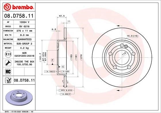 Brembo 08.D758.11 Rear brake disc, non-ventilated 08D75811: Buy near me in Poland at 2407.PL - Good price!
