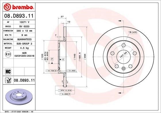 Brembo 08.D893.11 Rear brake disc, non-ventilated 08D89311: Buy near me in Poland at 2407.PL - Good price!