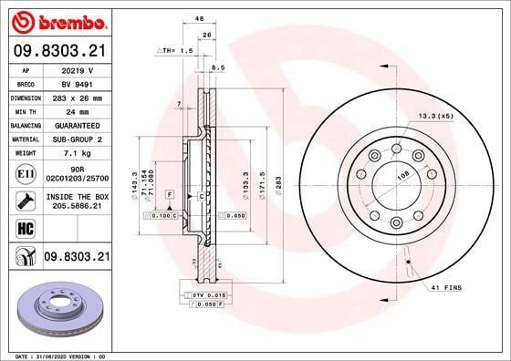 Brembo 09.8303.21 Front brake disc ventilated 09830321: Buy near me in Poland at 2407.PL - Good price!