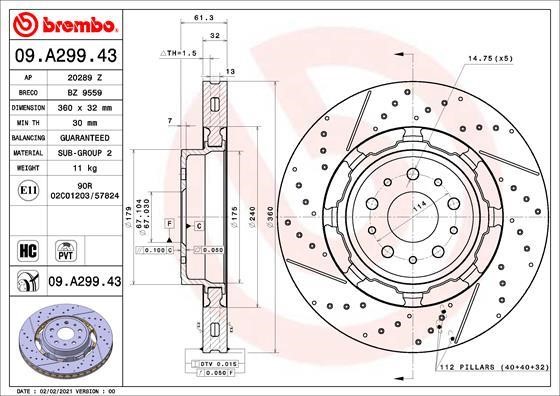 Brembo 09.A299.43 Front brake disc ventilated 09A29943: Buy near me in Poland at 2407.PL - Good price!