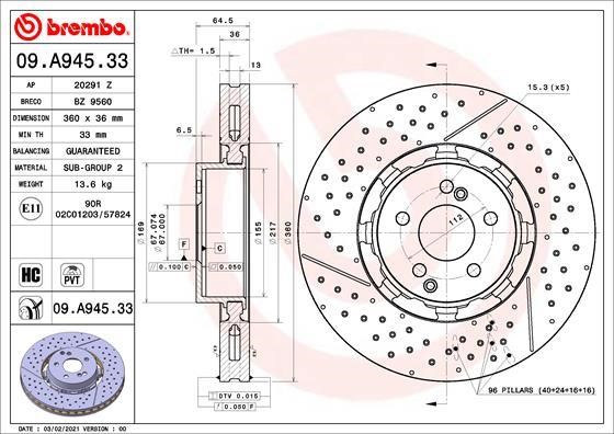 Brembo 09.A945.33 Front brake disc ventilated 09A94533: Buy near me in Poland at 2407.PL - Good price!