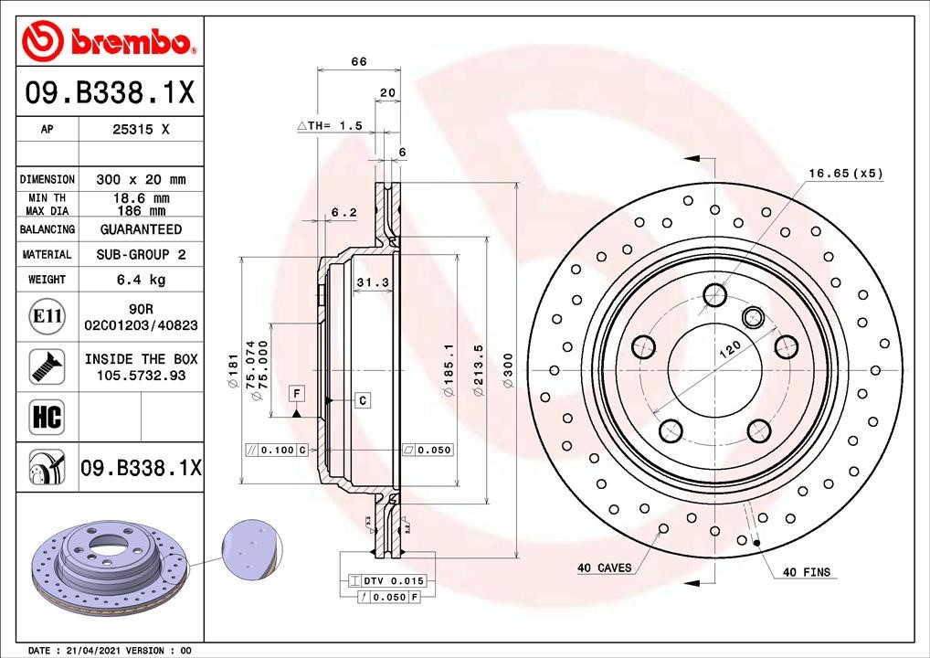 Brembo 09.B338.1X Тормозной диск задний вентилируемый 09B3381X: Отличная цена - Купить в Польше на 2407.PL!