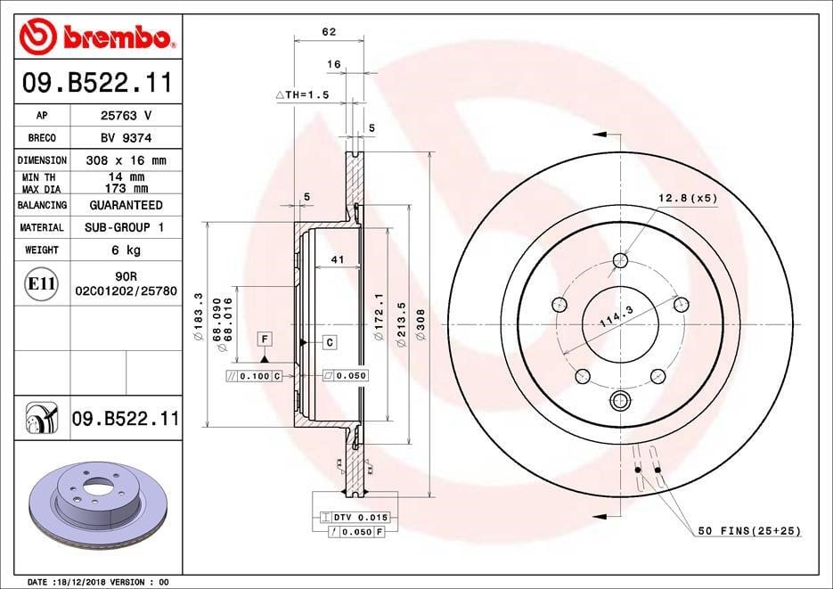 Brembo 09.B522.11 Rear ventilated brake disc 09B52211: Buy near me in Poland at 2407.PL - Good price!