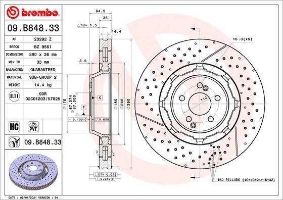 Brembo 09.B848.33 Front brake disc ventilated 09B84833: Buy near me in Poland at 2407.PL - Good price!