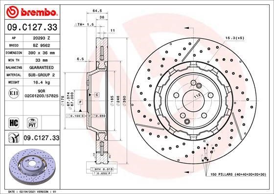 Brembo 09.C127.33 Front brake disc ventilated 09C12733: Buy near me in Poland at 2407.PL - Good price!