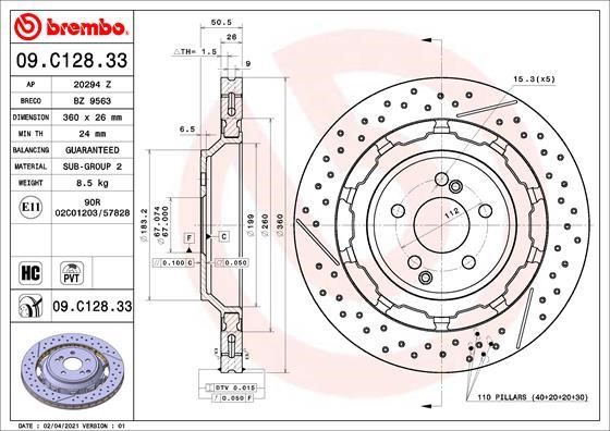 Brembo 09.C128.33 Rear ventilated brake disc 09C12833: Buy near me at 2407.PL in Poland at an Affordable price!