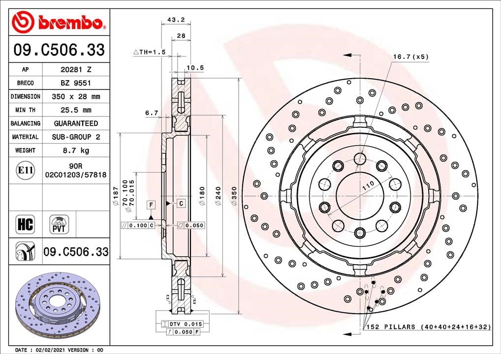 Brembo 09.C506.33 Rear ventilated brake disc 09C50633: Buy near me in Poland at 2407.PL - Good price!