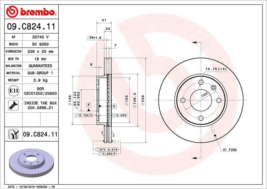 Brembo 09.C824.11 Тормозной диск вентилируемый, 1 шт. 09C82411: Отличная цена - Купить в Польше на 2407.PL!