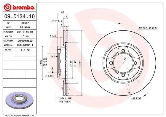 Brembo 09.D134.10 Brake disc 09D13410: Buy near me in Poland at 2407.PL - Good price!