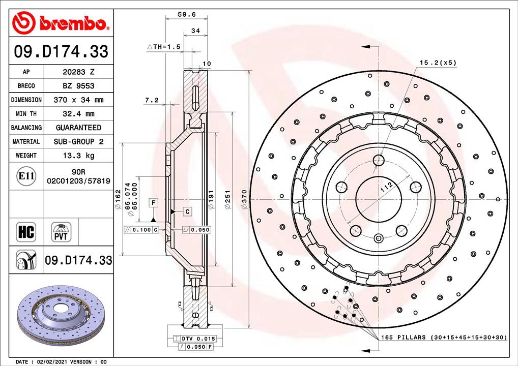 Brembo 09.D174.33 Front brake disc ventilated 09D17433: Buy near me in Poland at 2407.PL - Good price!