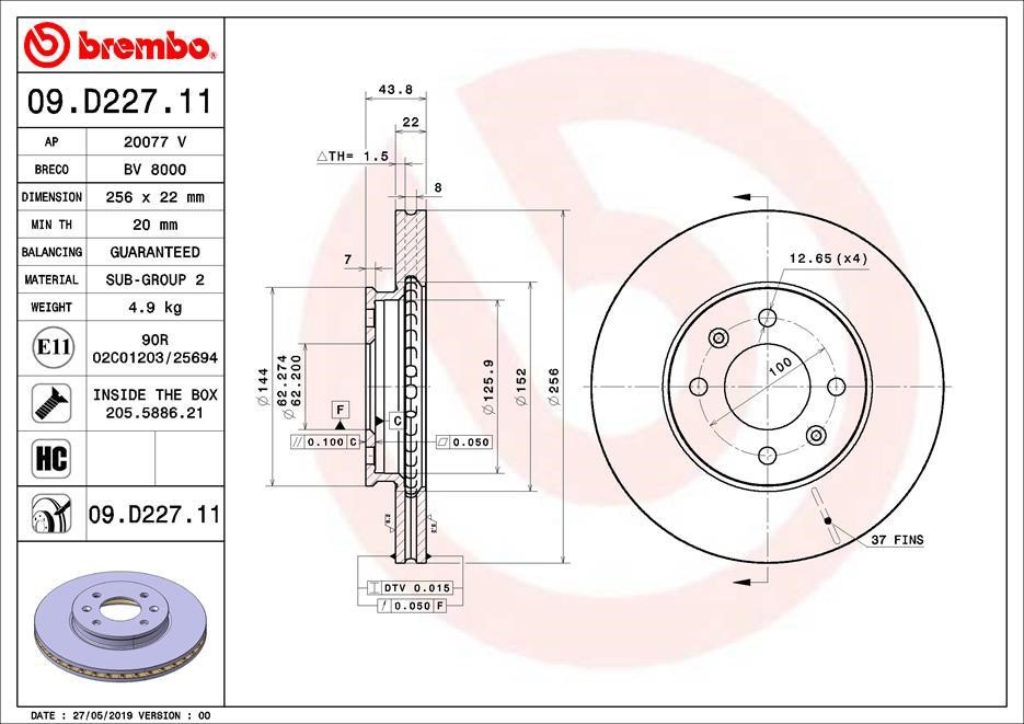 Brembo 09.D227.11 Ventilated disc brake, 1 pcs. 09D22711: Buy near me in Poland at 2407.PL - Good price!