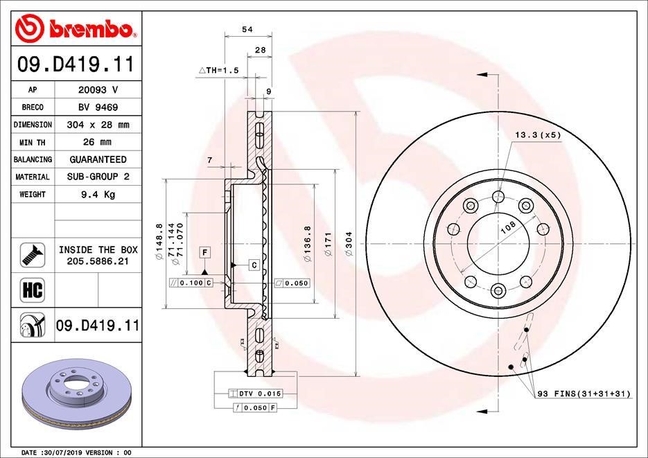 Brembo 09.D419.11 Тормозной диск передний вентилируемый 09D41911: Купить в Польше - Отличная цена на 2407.PL!