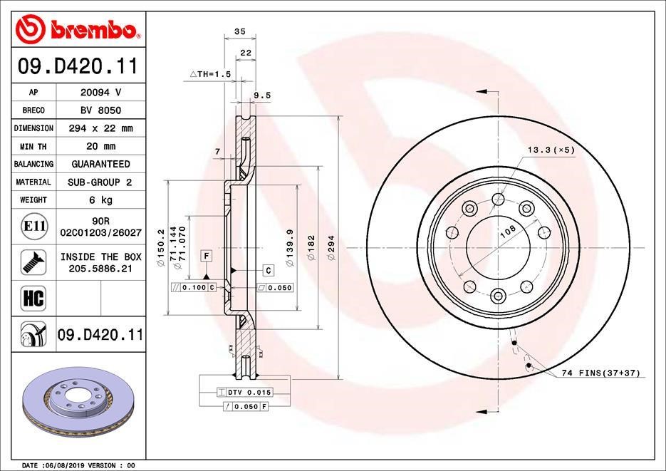 Brembo 09.D420.11 Тормозной диск вентилируемый, 1 шт. 09D42011: Отличная цена - Купить в Польше на 2407.PL!