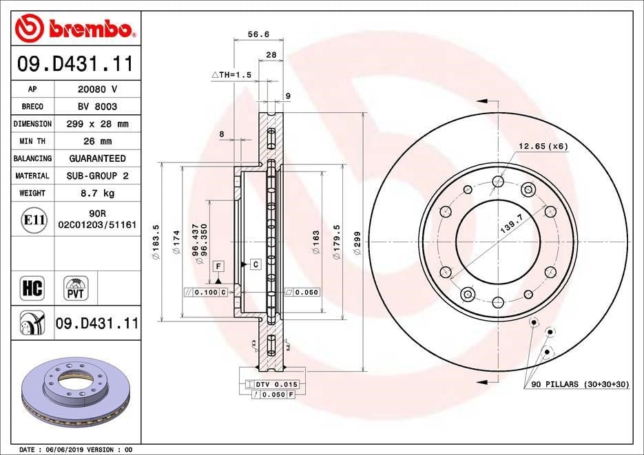 Brembo 09.D431.11 Ventilated disc brake, 1 pcs. 09D43111: Buy near me in Poland at 2407.PL - Good price!