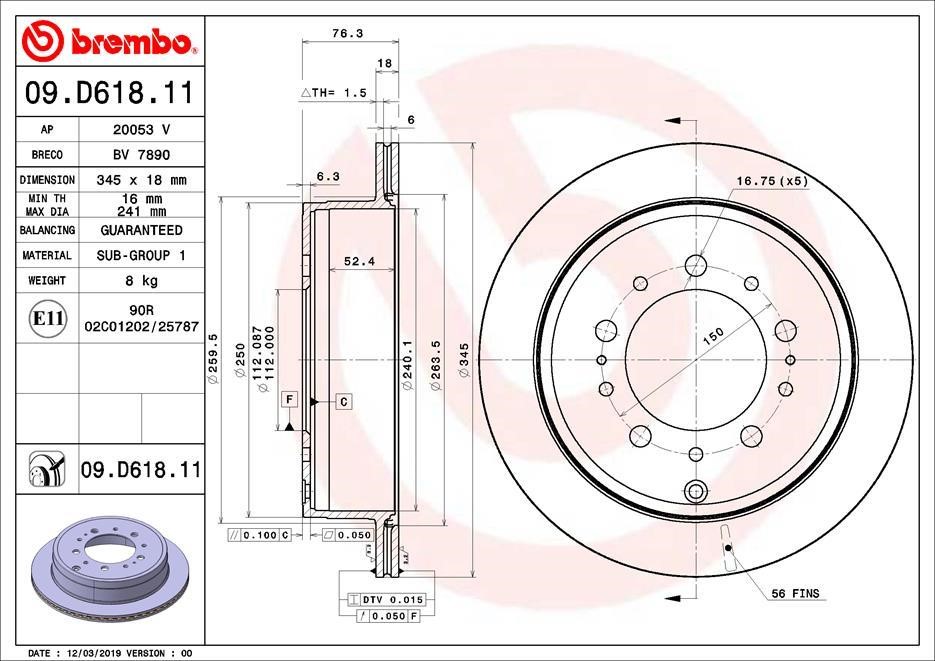 Brembo 09.D618.11 Rear ventilated brake disc 09D61811: Buy near me in Poland at 2407.PL - Good price!