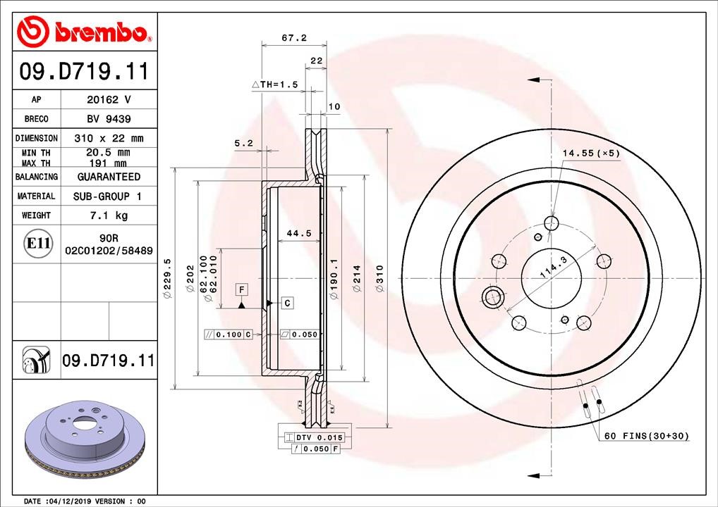 Brembo 09.D719.11 Тормозной диск вентилируемый, 1 шт. 09D71911: Отличная цена - Купить в Польше на 2407.PL!