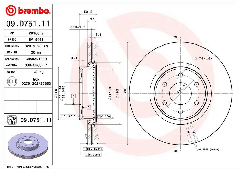 Brembo 09.D751.11 Front brake disc ventilated 09D75111: Buy near me at 2407.PL in Poland at an Affordable price!