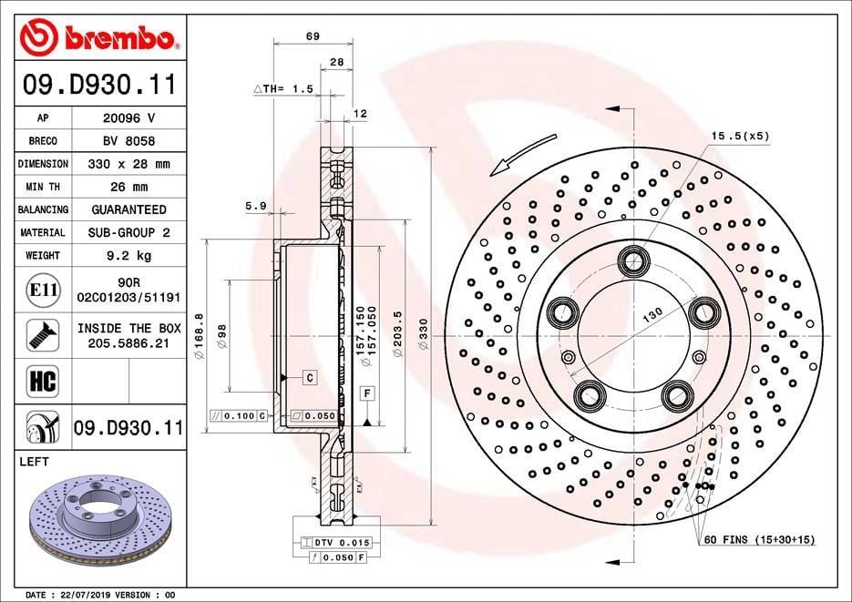 Brembo 09.D930.11 Тормозной диск вентилируемый с перфорацией 09D93011: Отличная цена - Купить в Польше на 2407.PL!
