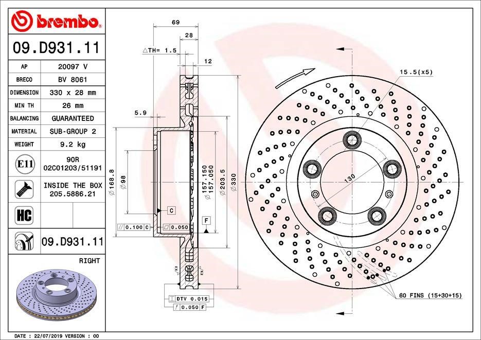 Brembo 09.D931.11 Ventilated brake disc with perforation 09D93111: Buy near me in Poland at 2407.PL - Good price!