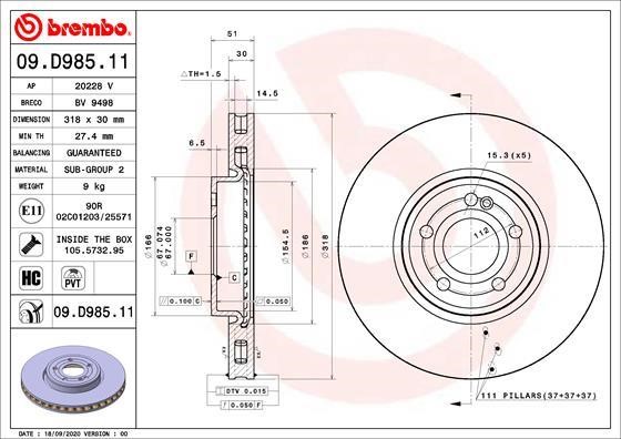 Brembo 09.D985.11 Тормозной диск передний вентилируемый 09D98511: Отличная цена - Купить в Польше на 2407.PL!