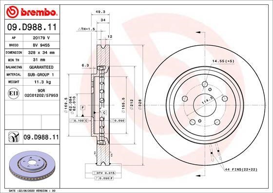 Brembo 09.D988.11 Front brake disc ventilated 09D98811: Buy near me in Poland at 2407.PL - Good price!
