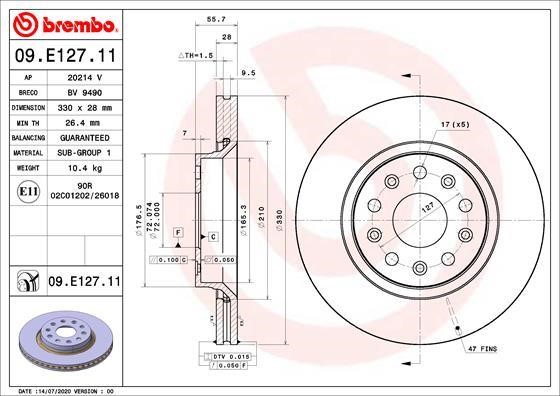 Brembo 09.E127.11 Front brake disc ventilated 09E12711: Buy near me in Poland at 2407.PL - Good price!