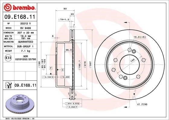 Brembo 09.E168.11 Rear ventilated brake disc 09E16811: Buy near me in Poland at 2407.PL - Good price!