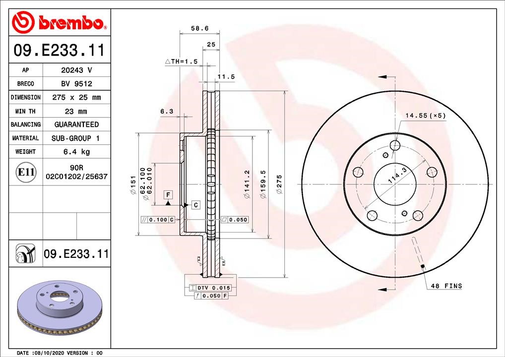 Brembo 09.E233.11 Front brake disc ventilated 09E23311: Buy near me in Poland at 2407.PL - Good price!