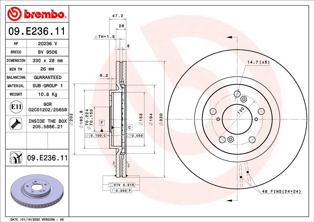 Brembo 09.E236.11 Front brake disc ventilated 09E23611: Buy near me in Poland at 2407.PL - Good price!