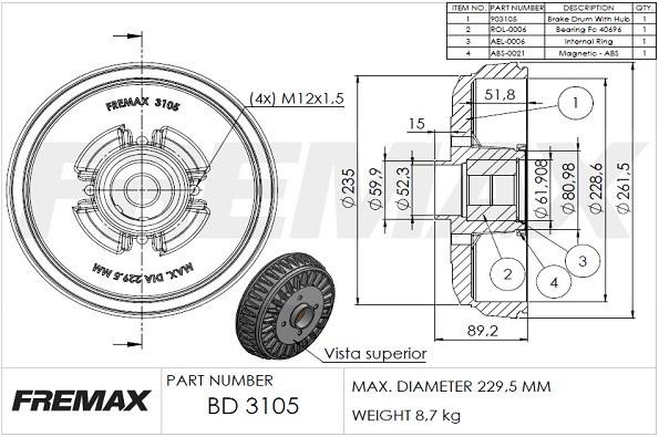 Fremax BD-3105-KT Rear brake drum BD3105KT: Buy near me in Poland at 2407.PL - Good price!