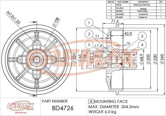 Fremax BD-4726-KT Тормозной барабан задний BD4726KT: Отличная цена - Купить в Польше на 2407.PL!