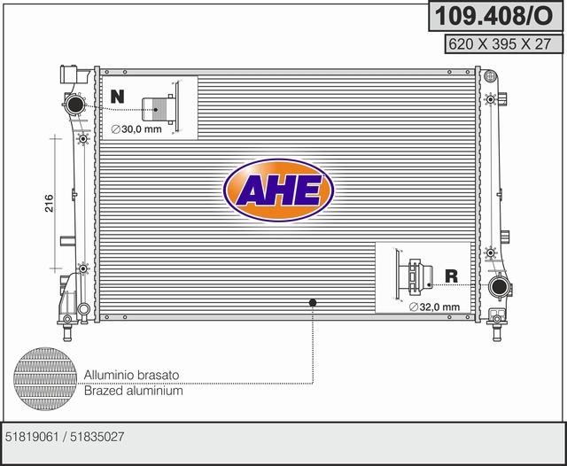 AHE 109.408/O Radiator, engine cooling 109408O: Buy near me in Poland at 2407.PL - Good price!
