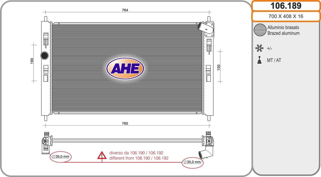 AHE 106.189 Радіатор, система охолодження двигуна 106189: Приваблива ціна - Купити у Польщі на 2407.PL!
