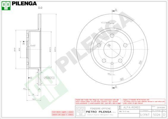 Pilenga 5026 Rear brake disc, non-ventilated 5026: Buy near me in Poland at 2407.PL - Good price!