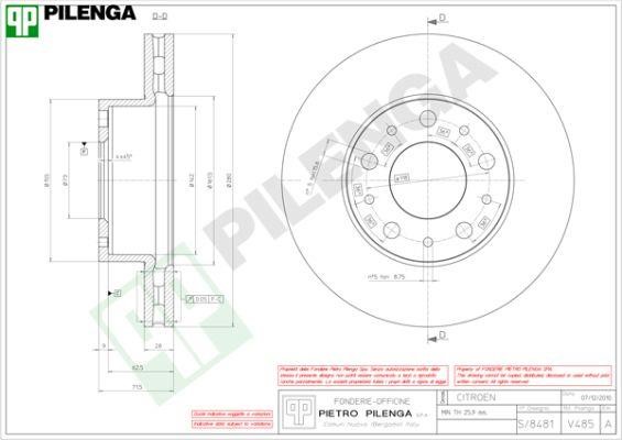 Pilenga V485 Тормозной диск передний вентилируемый V485: Отличная цена - Купить в Польше на 2407.PL!