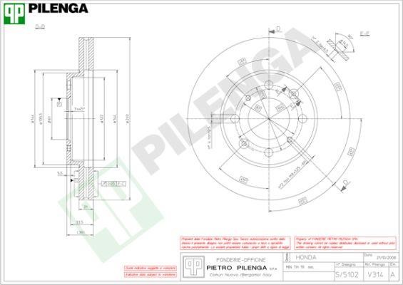 Pilenga V314 Front brake disc ventilated V314: Buy near me in Poland at 2407.PL - Good price!